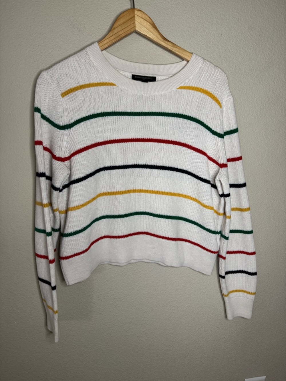 Banana Republic Cropped Striped Cotton Sweater White Multicolor Size M